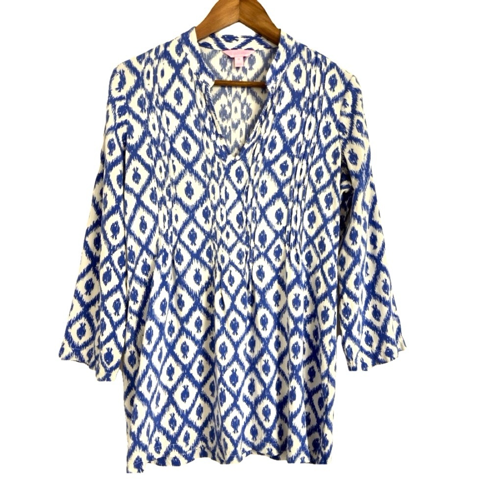 Lilly Pulitzer Womens M Sarasota Tunic Resort White Hook You In Blue Coastal